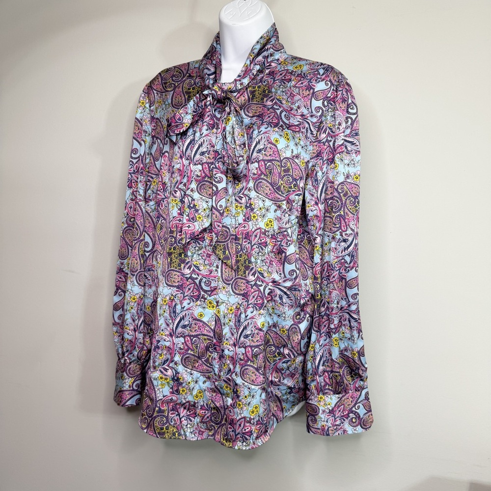 Hawes & Curtis Shirt Womens UK 18 Blue Pink Paisley Floral Blouse Bow Tie Fitted